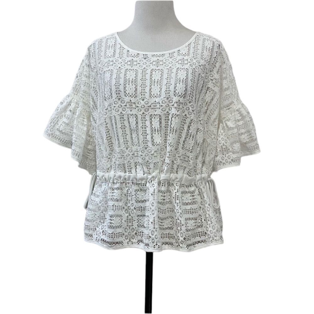 ANA A New Approach White Lace Ruffle Sleeve Sheer Peplum Top Blouse